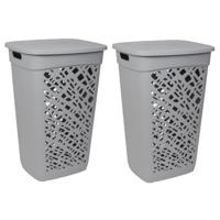 EDA Wasmand/wasbox met deksel - 2x stuks - grijs - 60 liter - kunststof - L43 x B36 x H63 cm