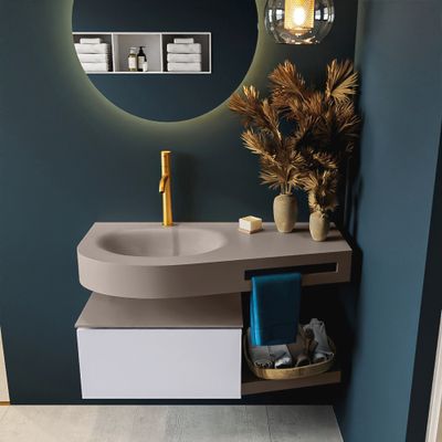 MONDIAZ RIVA 100cm badmeubel onderkast / planchet kleur Cale met 1 lade. Wastafel DULCET links 1 kraangat kleur Smoke.