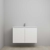 On-Line Onderkast - 100 cm - Bouwpakket - Greeploos 2 Deuren - Porseleinen Wastafel - 1 Kraangat - Mat Wit