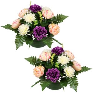 Kunstbloemen boeket crysanten in pot - 2x - zalm/paars/creme - D30 x H24 cm - Bloemstuk - Bladgroen