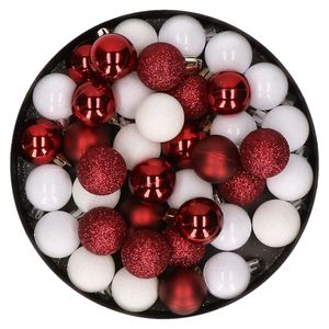 Kleine kunststof kerstversiering 40x stuks set en 3 cm kerstballen in het wit en donkerrood