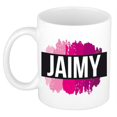 Jaimy naam cadeau koffie mok - beker - met roze verfstrepen - Cadeau collega - moederdag