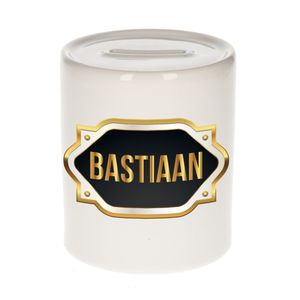 Naam cadeau spaarpot Bastiaan met gouden embleem   -