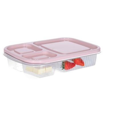 Vershoudbakje/lunchbox - luchtdicht - 3 vakjes - lichtroze - kunststof - broodtrommel -24 x 15 x 5 c