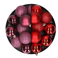 24x stuks kunststof kerstballen mix van aubergine en rood 6 cm - Kerstbal - thumbnail