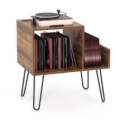 Platenspelerstandaard met Stopcontact Display Plank Bijzettafel Metalen Poten tot 145 Albums voor Woonkamer Kantoor