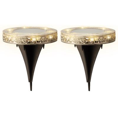 Grondspot solar tuinverlichting - 2x - mozaiek - grijs - D12 x H13 cm - prikspot