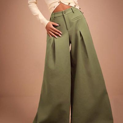 Bon&Bon Women's Wide Leg Suit Pants - Apricot Loose Casual Trousers Olive Green / L