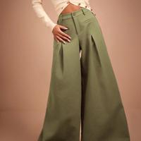 Bon&Bon Women's Wide Leg Suit Pants - Apricot Loose Casual Trousers Olive Green / L