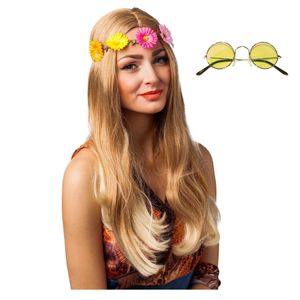 Hippie Flower Power Sixties verkleed set hoofdband met gele party bril