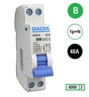 40A GACIA installatieautomaat M80N-B40 1p+n B40 6kA (18mm)
