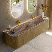 Badmeubel Mondiaz Kurve-Dlux | 180 cm | Meubelkleur Dusk | Wastafelkleur Oza | Solid surface | Wasbak beide zijden spoelbak | 2 kraangaten