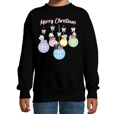 Kersttrui / sweater voor jongens/meisjes - zwart - kerstballen - poesjes - Merry Christmas