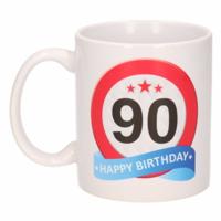 90 jaar Verjaardag koffiemok - cadeau beker - stopbord print - 300 ml - keramiek - wit