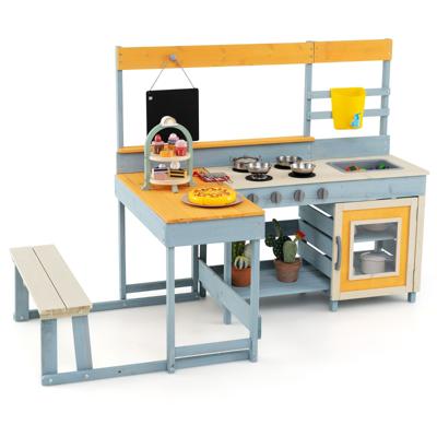 Speelkeuken voor Kinderen 2-in-1 Speelkeuken en Eethoek Inclusief Opbergruimte Accessoires Bankje en Krijtbord
