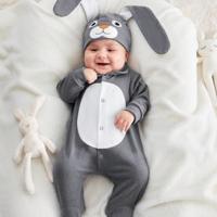 Baby Boy Cartoon Graphic 3D Ear Design Footed Jumpsuit & Hat Grey / 6-9M