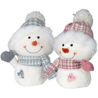 Pluche sneeuwpop knuffels - set 2x st - roze en blauw - 27 cm - thumbnail