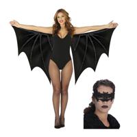 Verkleed vleugels en masker vleermuis - zwart - dierenpak - 170 x 80 cm - dames - Halloween