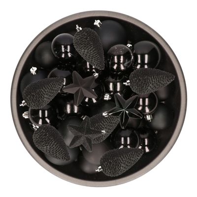 Kerstversiering kunststof kerstballen zwart 6-8-10 cm pakket van 68x stuks