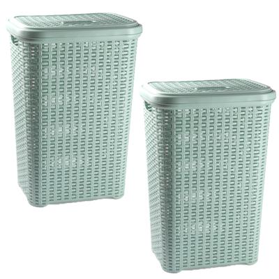 PlasticForte Wasmand met deksel - 2x stuks - 60 liter - lichtgroen - rotan - kunststof - L35 x B43 x