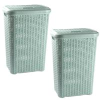 PlasticForte Wasmand met deksel - 2x stuks - 60 liter - lichtgroen - rotan - kunststof - L35 x B43 x