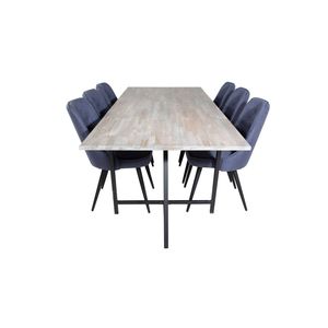 Jepara eethoek eetkamertafel teakhout en 6 Velvet Deluxe eetkamerstal blauw, zwart.