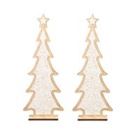 2x stuks kerstdecoratie houten kerstboom glitter wit 35,5 cm - Kunstkerstboom - thumbnail