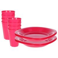 Verjaardag/kinder/camping borden/beker set - 16x stuks - roze - kunststof - onbreekbaar