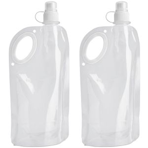 Waterfles/drinkfles opvouwbaar - 2x - wit - kunststof - 770 ml - schroefdop - waterzak