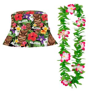 Carnaval verkleedset - Tropische Hawaii party - bucket hoedje - bloemenslinger roze - volwassenen