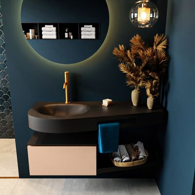 MONDIAZ RIVA 120cm badmeubel onderkast / planchet kleur Rosee met 1 lade. Wastafel DULCET links 1 kraangat kleur Urban. MONDIAZ RIVA 120cm badmeubel onderkast / planchet kleur Rosee met 1 lade. Wastafel DULCET links 1 kraangat kleur Urban.