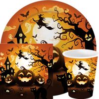 Halloween/horror pompoen feest servies set borden/bekers/servetten - 36x - zwart- papier - thumbnail