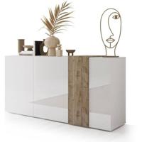 VENEZIA Dressoir met 3 deuren - Glanzend wit gelakt en Cadiz eikenhout - L 181 x D 44 x H 84 cm