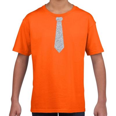 Verkleedkleding t-shirt - oranje - met kleine Stropdas - zilver glitters - kinderen - carnaval