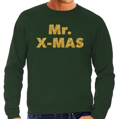 Foute Kersttrui Mr. x-mas gouden glitter letters groen heren Foute Kersttrui Mr. x-mas gouden glitter letters groen heren