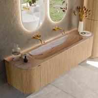 Badmeubel Mondiaz Kurve-Dlux | 170 cm | Meubelkleur Oak | Wastafelkleur Arena | Solid surface | Wasbak midden spoelbak | Zonder kraangat(en)