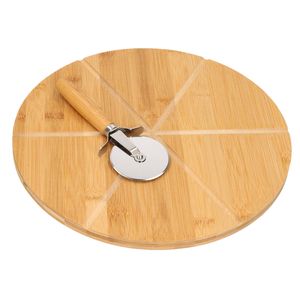 Kesper pizza serveerplank met pizzasnijder - bamboe/hout - 32 cm - rond - snijplank/keukenhulpje - Serveerplanken