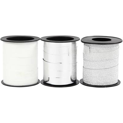 Creativ Company Cadeaulint, b: 10 mm, zilver, glitter zilver, wit, 3x15 m/ 1 doos