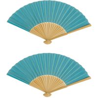 Spaanse handwaaier - 2x - special colours - turquoise blauw - bamboe/papier - 21 cm - Verkleedattributen - thumbnail