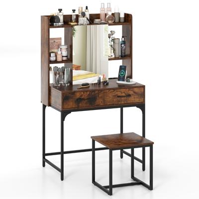 Make-up Tafelset met Spiegel Make-up Tafel met Oplaadstation Lades Open Planken Rustiek Bruin