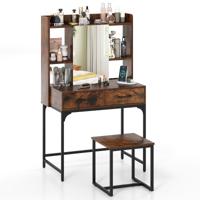 Make-up Tafelset met Spiegel Make-up Tafel met Oplaadstation Lades Open Planken Rustiek Bruin