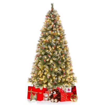 195 cm Kunstkerstboom met Verlichting Sneeuw Dennenappels en Rode Bessen 8 Verlichtingsmodi 420 Warmwitte Ledlampen Kerstboom