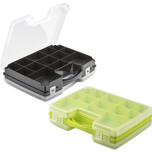 Forte Plastics - 2x Opberg vakjes doos/Sorteerbox - 21-vaks kunststof - 28 x 21 x 6 cm - zwart/groen