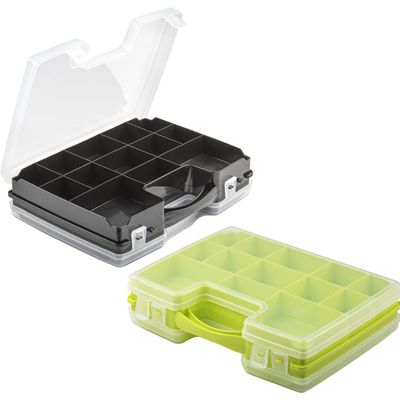 Forte Plastics - 2x Opberg vakjes doos/Sorteerbox - 21-vaks kunststof - 28 x 21 x 6 cm - zwart/groen