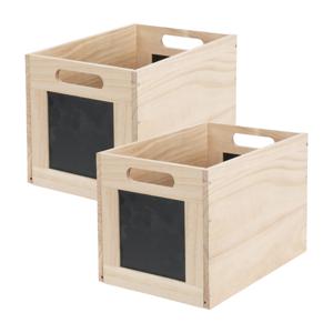 Opbergmand/kist met krijtvlakken - 2x - hout - L30 x B20 x H20 cm - lichtbruin - kast organizer