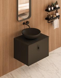Muebles Costa badmeubel ribbelfront 60cm zwart mat met zwart toppaneel en waskom
