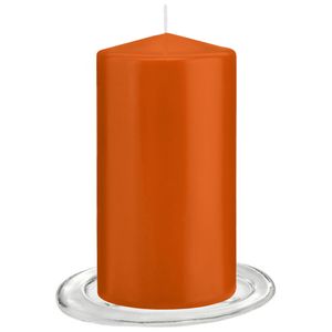 Trend Candles - Stompkaarsen met glazen onderzetters set van 2x stuks - oranje 8 x 15 cm