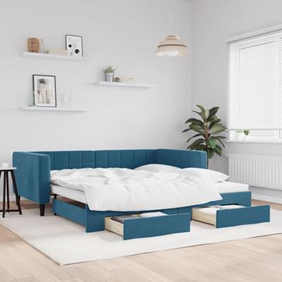 Slaapbank met onderschuifbed en lades 100x200 cm fluweel blauw
