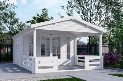 Interflex 3830L Blokhut 380x300 met overkapping 280 cm 40 mm vuren gecoat- Zadeldak- Hout- Interflex