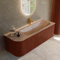 Badmeubel Mondiaz Kurve-Dlux | 135 cm | Meubelkleur Ruby | Wastafelkleur Arena | Solid surface | Wasbak rechter zijde spoelbak | 1 kraangat